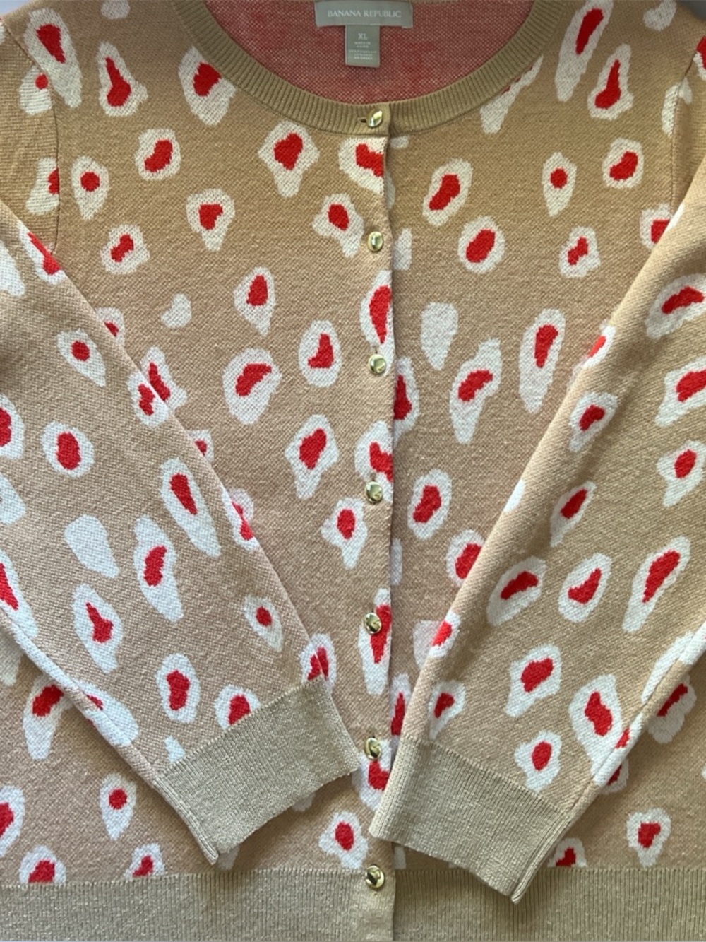 Banana Republic Beige Cardigan with Red and Cream Spot Print XL - Picture 3 of 8